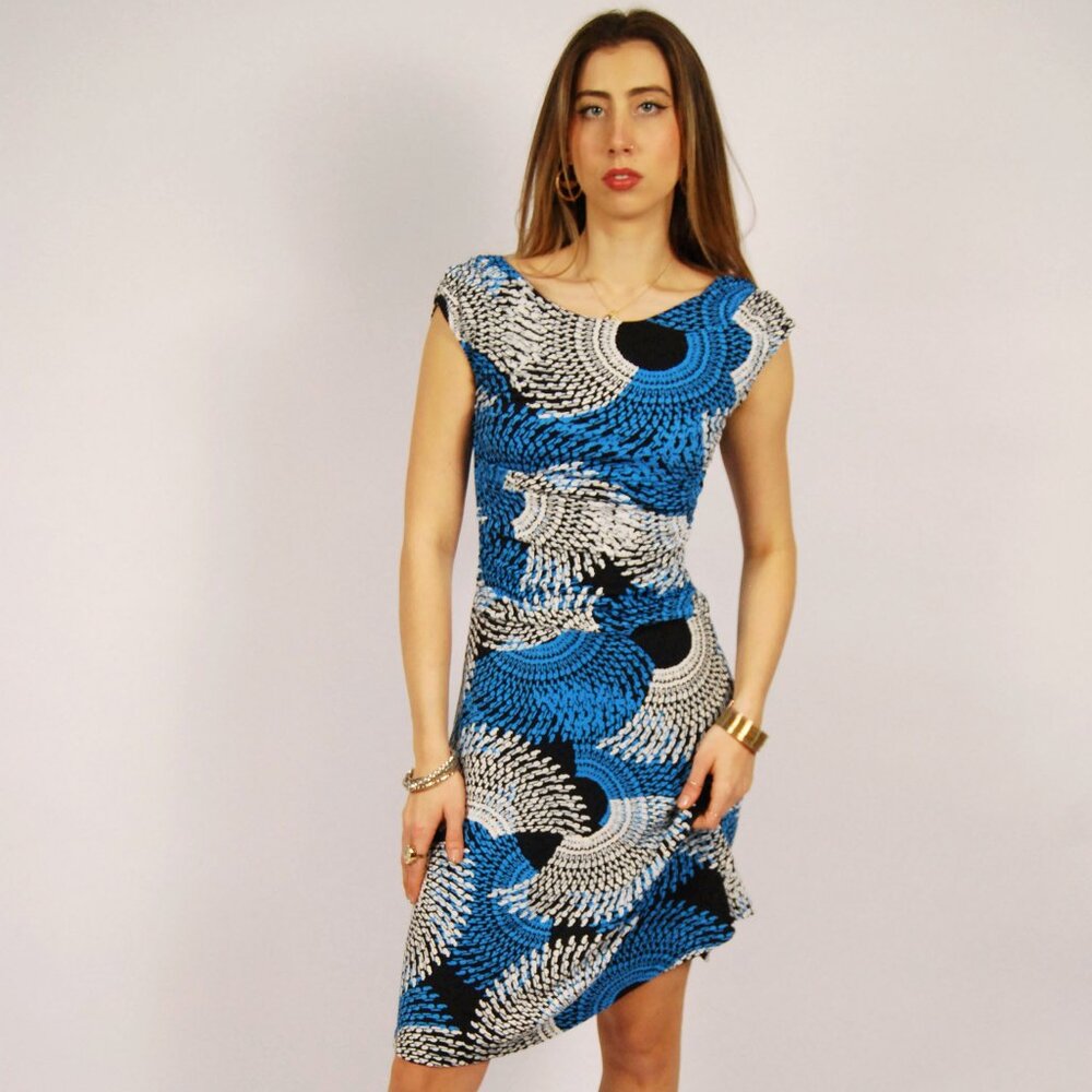 Y2K Spiral Dress (6) Enfocus Studio blue black vintage abstract office preppy